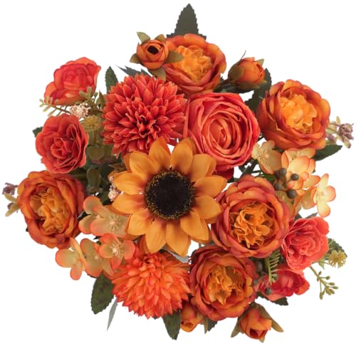 4 Pcs Mixed Autumn Artificial Peony Flower Set-2 Bouquets & 2 Stems, Orange Yellow Fake Peony Sunflower Rose Silk Flower for Fall Table Centerpiece Farm Wedding Thanksgiving Halloween Home Decor - color: Orange & Yellow, size: Mixed 4pcs