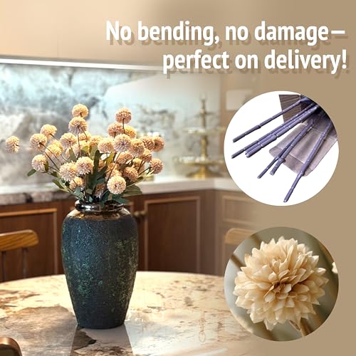 10pcs Fall Artificial Flowers, Champagne Faux Mums + Baby's Breath, Fake Silk Stems Fall Floral Centerpiece, Autumn Wedding/Home Decor, Table Centerpieces for Baby Shower - color: Champagne