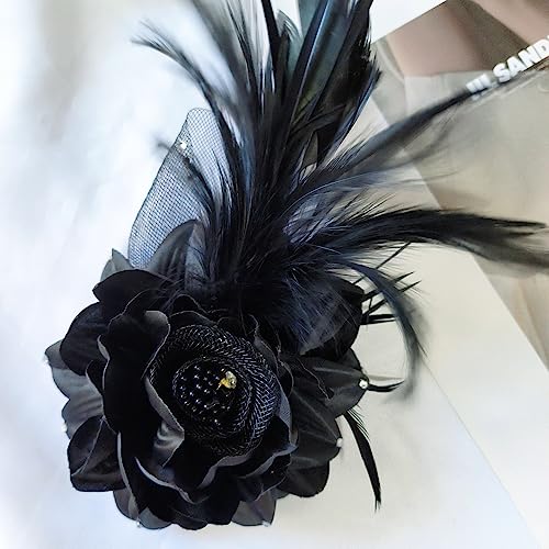 Elegant Flower Brooch for Women Wedding Party Dance Banquet Pins Feather Flower Fascinator Lady Floral Hairpins Dress Suit Lapel Pin Ceremony Accessories Corsage Brooches Vintage Jewelry Gifts - color: Black