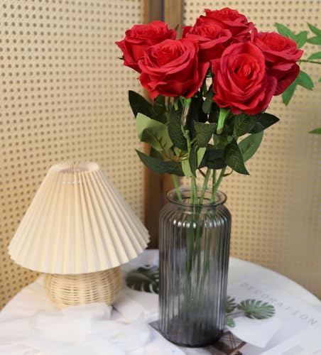 IPOPU 6PCS Deep Red Silk Lop-Sided Rose Artificial Flower with Long Stem Fake Leaf Roses, Artificial Long Stem Fake Roses Suitable for DIY Wedding, Home Decoration and Outdoor Party. - color: Deep Red