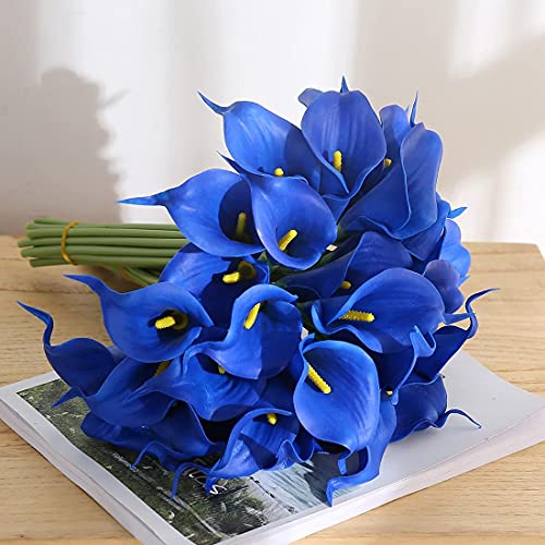 Faylapa 20 Pcs Artificial Calla Lily Real Touch Flowes Fake Flowers Wedding Bouquets Home Floral Decorations (Royal Blue) - color: Royal Blue
