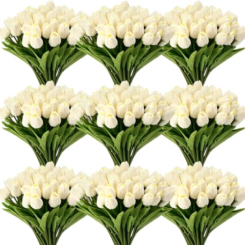 Janinka 75pcs Artificial Tulip Flowers Fake PU Tulips Faux Latex Bouquet Flower Centerpieces Arrangement Floral for Wedding Spring Decorations (1 Head,Milk White) - color: Milk White