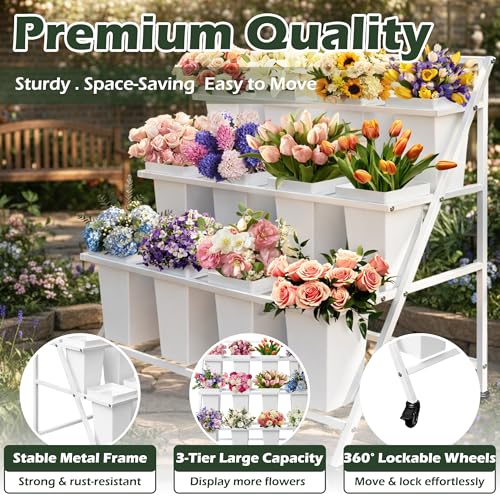 PROLEE Flower Display Stand with 12 Buckets, Flower Cart 3 Layers, Flower Stand Metal with Wheels, Moving Florist Bouquet Shelf, Triangular Rack, White - color: White