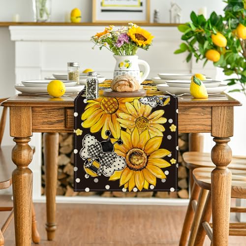Artoid Mode Black Sunflower Bee Flower Polka Dot Summer Table Runner, Seasonal Kitchen Dining Table Decoration for Indoor Party Home 13x72 Inch - color: Black, size: 13" x 72", Table Runner