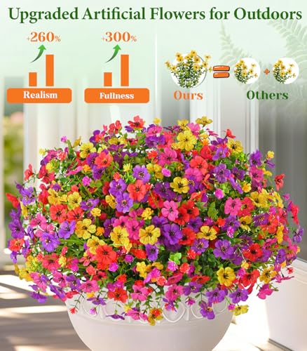 Yastouay Artificial Flowers for Outdoors, 36 Bundles UV Resistant Artificial Outdoor Flowers, Realistic Fake Outdoor Flowers Plant Faux Flowers for Outdoor Planters Front Porch Patio Window Box - color: Purple+fuchsia+red+yellow, size: 36 Bundles