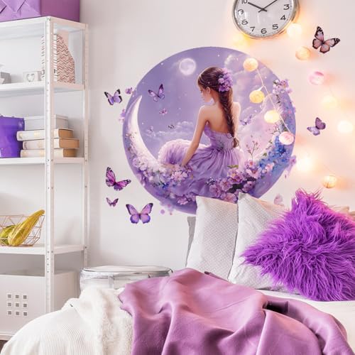 Beautiful Girls Wall Decal for Girls Room Fairy Wall Stickers Peel and Stick Removable Moon Butterfly Flowers Wall Decor for Bedroom Living Room Bathroom Classroom Decorations - style: Beautiful Girls