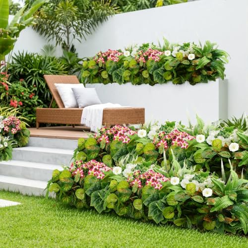 20 Pcs Artificial Plants Outdoor, Realistic Faux Greenery & Flowers UV Resistant Fake Plastic Begonia Morning Glory Eucalyptus Fern for Outdoor Decorations Patio Garden Front Porch Yard Decor