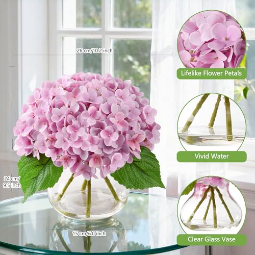 Real Touch Faux Hydrangea Flowers in Glass Vase, No Watering Needed Silk Hydrangea Artificial Flowers for Farmhouse Wedding Decor Dining Table Centerpiece Bedroom Decor - color: Pink