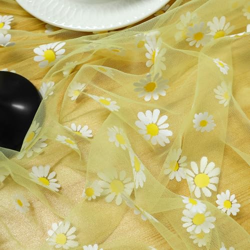 Daisy Gauze Table Runner 120 Inch 10FT, Floral Flower Tulle Table Runner Seasonal Kitchen Dining Table Decorations for Party Wedding Christmas Holiday Birthday (Yellow) - color: Yellow