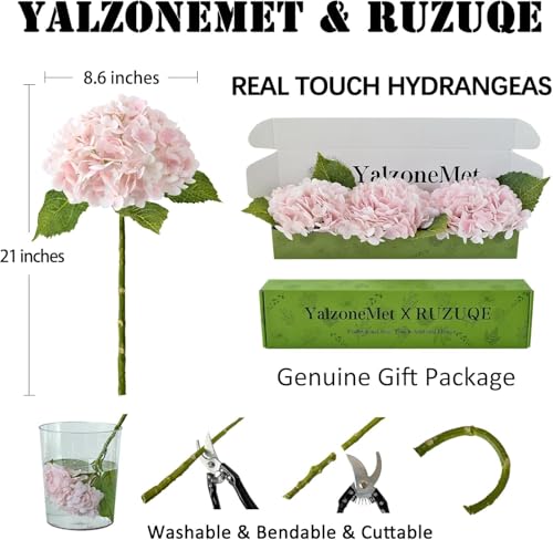 YalzoneMet 3 PCS Light Pink Hydrangea Artificial Flowers 21 inches Real Touch Faux Latex Hydrangea Flowers for Wedding Tables Centerpieces for Party Home Kitchen Christmas Decor - color: Light Pink