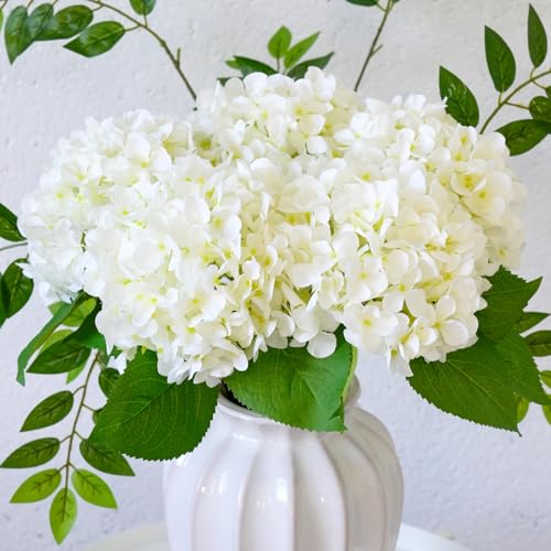 5pcs 18.5 inch Realistic Fake White Flowers Artificial Silk Hydrangea Flowers Artificial Flowers Faux Hydrangea Stems for Bouquets Home Outdoor Wedding Party Centerpieces Decor (Cream White) - color: Cream-white