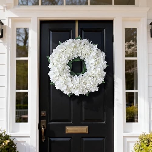 21" Artificial Hydrangea Flower Wreath for Front Door Spring Summer(White) | Premium Material,Long-Term Use,Full and Plump Flower Wreath Greenery,Ideal for Home Mantel Wall Farmhouse Outdoor Decor