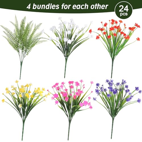24 Bundles Artificial Outdoor Flowers, UV Resistant Faux Flowers for Outdoor Planters, Plastic Fake Plants for Front Porch Patio Garden Hanging Basket - color: Mix Color-3, size: 24PCS