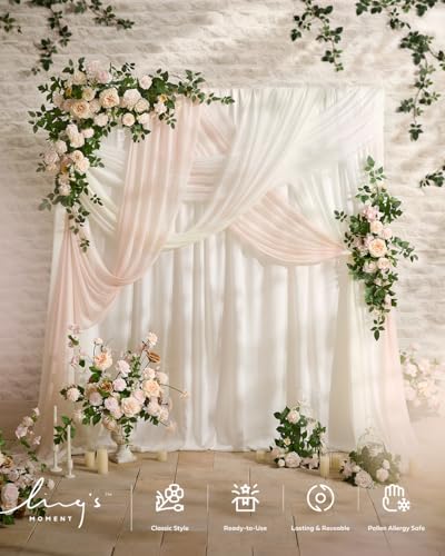 Ling's moment Deluxe Spring Artificial Wedding Arch Flowers with Drapes Kit-Pack of 5, 2pcs Flower Arrangements 3pcs Hanging Sheer Drapes Cream Ceremony Arbor Reception Backdrop Rose Floral Decoration - color: Pk-cream