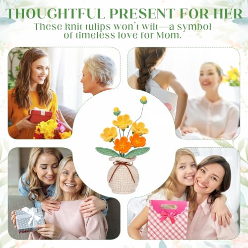 Marsui Crochet Flower Bouquet with Vase Forget-Me-Not Flowers Pot Crocheted Flower Handmade Knitted Potted Flowers Gift for Women Coworker Father's Gifts Back to School Gift Home Decoration (Yellow) - color: Yellow, style: Forget-me-not
