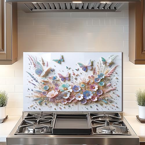 DAIFURONGE Butterfly Tempered Glass Backsplash for Kitchen, 30" x18'' | Frameless,Easy to Clean - size: 30"L x 18"W