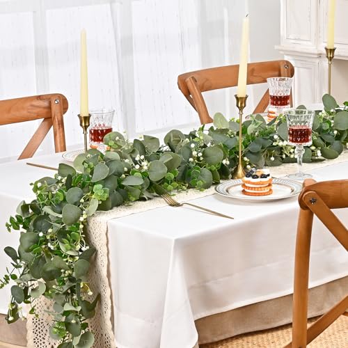Dolicer 2 Packs 6FT Artificial Eucalyptus Garland, Faux Greenery Garland Fake Vines Hanging Silver Dollar Eucalyptus Leaves for Wedding Backdrop Arch Table Wall Party Home Decor - color: Grey Green With White Seed, size: 2 Packs