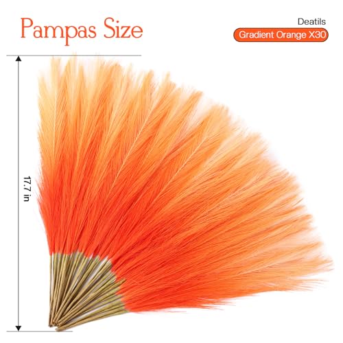 Ureymx Faux Pampas Grass Decor 17.7 Inch 30pcs, Pompas Grass Flower Arrangement and Vase Filler Artificial Pampas Grass Short Decor for Boho Home Wedding Decoration (Gradient Orange) - color: Gradient Orange, size: 17 Inch 30 Pcs