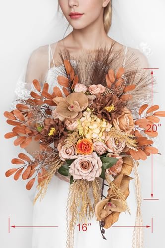 Lisuun Wedding Bouquets for Bride, 16 Inches Wedding Flower Bouquet, Silk Round Bridal Bouquet for Wedding, Ceremony, Anniversary - color: Light Coffee&dark Coffee