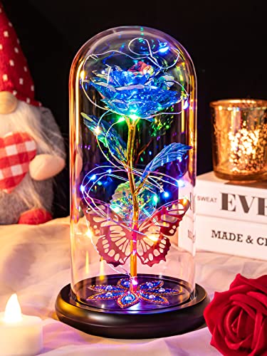 Pusuny Mothers Day Flowers Gifts for Mom Women Birthday Gift Galaxy Glass Rose Eternal Crystal Flowers Rose in Glass Dome with Butterfly Mother's Day Roses Gifts for Mom Daughter Wife Grandma Blue - color: C Blue