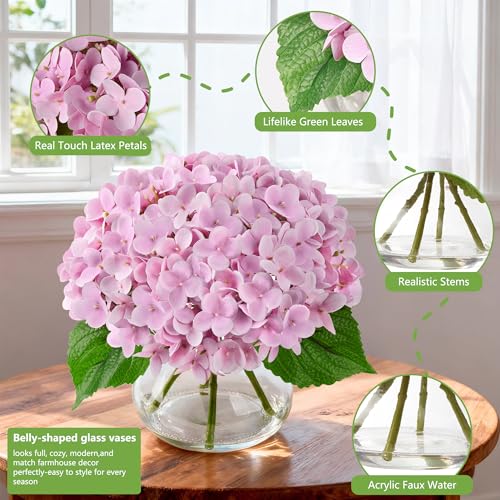 Real Touch Faux Hydrangea Flowers in Glass Vase, No Watering Needed Silk Hydrangea Artificial Flowers for Farmhouse Wedding Decor Dining Table Centerpiece Bedroom Decor - color: Pink