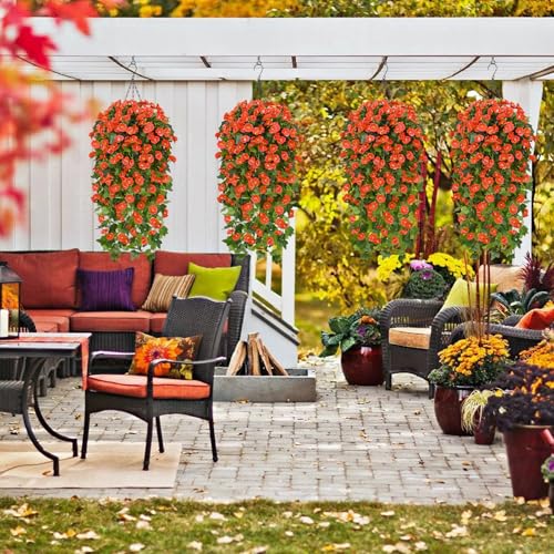 Waipfaru Artificial Fall Hanging Flowers Plants Baskets for Outdoors, Fake Mums, Fall Porch Outdoor Decor, Faux Mums Artificial Flowers with Hanging Baskets for Urn Fillers