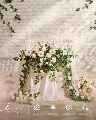 Ling's Moment 9FT Spring Flower Garland for Backdrop Decorations - Wedding Arch Flowers, Eucalyptus & Rose, Artificial Floral Garland for Mantel - Sweetheart Table Decor for Reception, Cream - color: Pk-cream