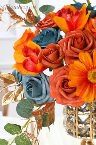 Floweroyal Artificial Flowers Combo Orange Flowers Mix Silk Flowers Fake Roses with Stems for DIY Wedding Bridal Bouquets, Baby Shower, Floral Arrangement, Table Centerpieces, Home Decorations - color: Peacock Blue & Orange