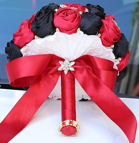 Sharebeauty 8.3" Handmade Satin Rose Bridal Bouquet Toss Round Wedding Bouquet Throw Toss Artificial Flower Bunch Ruby Red + Black - color: 809a Ruby Red/Black, size: 8.3"/21cm