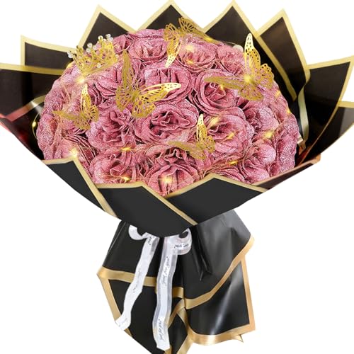 Gold Rose Glitter Roses Bouquet, 36 Pcs Shiny Glitter Flowers Bouquet, Everlasting DIY Artificial Roses Bouquet for Christmas, Birthday, Anniversary, Wedding, Engagement - color: Gold Rose-a, size: 36 PCS