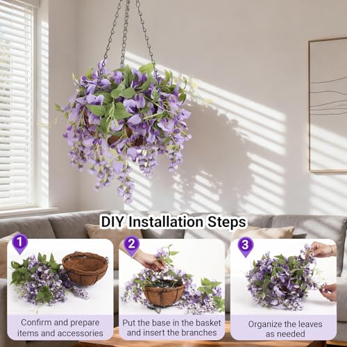 Artificial Hanging Flowers with Basket Plants - Wisteria Hanging Plants for Spring Outdoor Decoration, UV Resistant Fake Flowers Hanging Silk Flowers for Porch Patio Garden Yard Home Decor