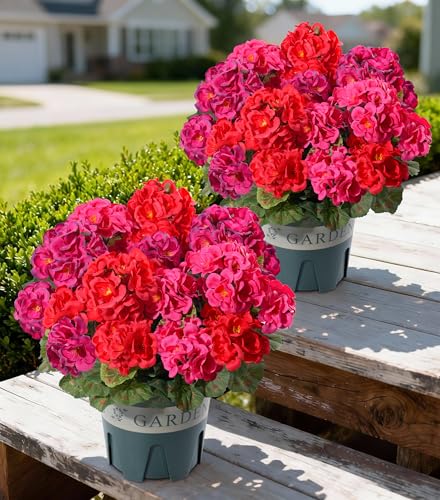 Geraniums Artificial Flowers for Outdoors, 2 Pack Potted Plants Faux Geraniums Bush Artificial Topiaries Realistic UV Resistant Fake Flowers Greenery for Outside Gardens Porch Patio Yard Indoor, Mix - color: 4 Red, 4 Hot Pink, 4 Fuchsia