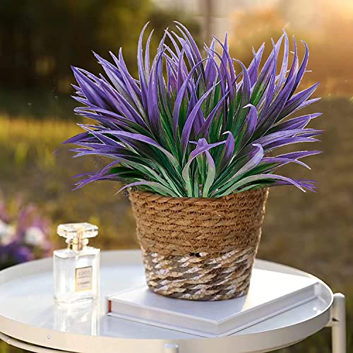 16 Pcs Outdoor Fake Plants UV Resistant Artificial Tall Grass Plants Faux Tropical Flowers Bushes Fall Winter Summer Planters Yard Patio Front Porch Décor Plastic Greenery Shrubs Decoration - color: Light Purple Grass Plant, size: 16 Pcs