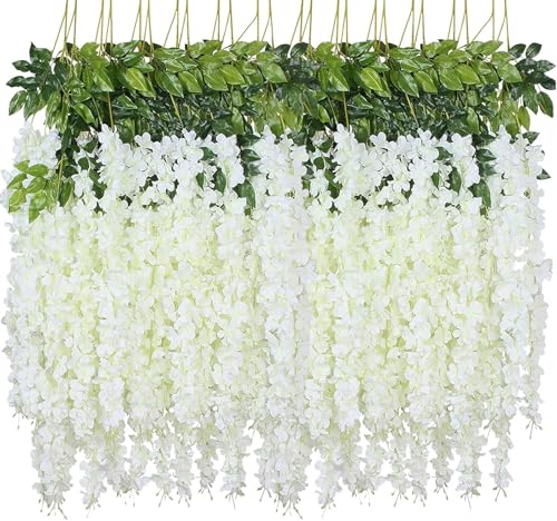 Wisteria Hanging Flowers, 60 Pack Artificial Wisteria Vines Fake Garland Silk Flower String for Wedding Party Garden Outdoor Greenery Home Wall Decoration (60pcs White) - color: 60pcs White