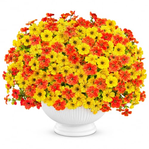 Artificial Flowers for Outdoors UV Resistant, 12 Bundles Realistic Faux Daisy with Eucalyptus Leaves Fake Plants for Porch Patio Planter Garden Decoration (Orange Yellow) - color: Orange Yellow
