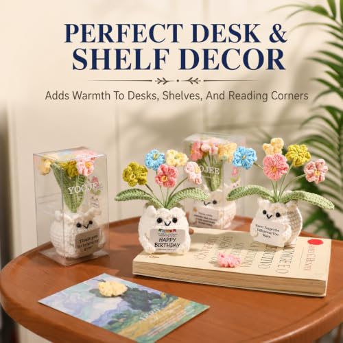 YOOJEE Crochet Forget Me Not Flower Pot Birthday Gifts for Women | Pet Display Box, Happy Birthday Message Card, Colorful Handmade Keepsake, Desk Decor, Gift For Mom Friend Sister Coworker - color: E-Happy Birthday
