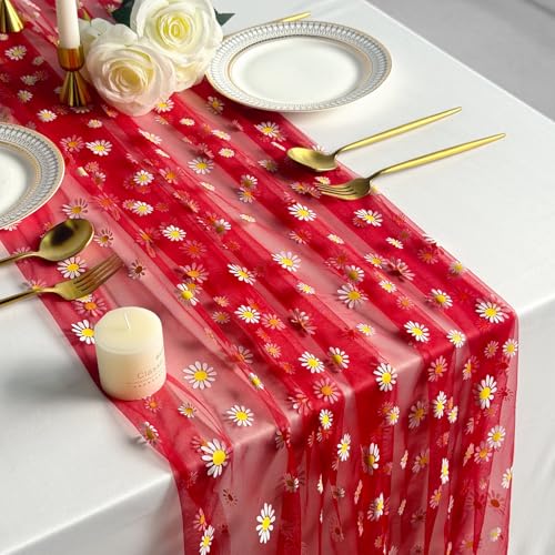 Daisy Gauze Table Runner 120 Inch 10FT, Floral Flower Tulle Table Runner Seasonal Kitchen Dining Table Decorations for Party Wedding Christmas Holiday Birthday (Red) - color: Red
