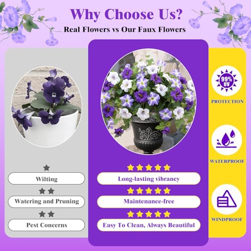 Artificial Flowers for Outdoors,2 PCS Purple Faux Morning Glory UV Resistant Silk Flowers for Outdoor Planters Garden Balcony Porch Decor Realistic Fake Flowers for Spring Decoration - color: Purple, size: 2 Bundles