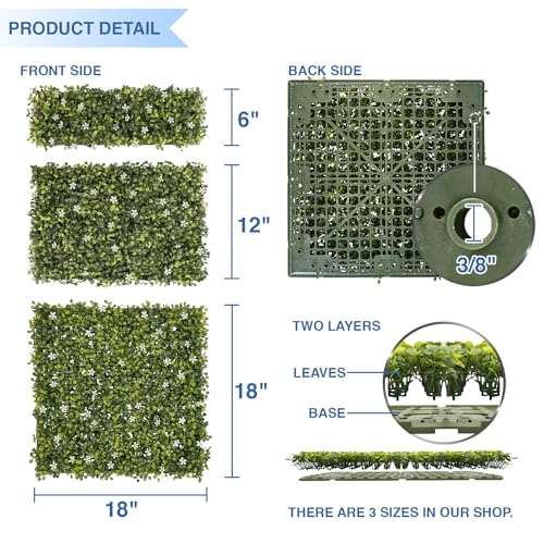 E&K 6 PCS 18"x6" Artificial Plant Panels with Single Side White Flowers Panels Hard Back Faux Leaf Greenery Grass Wall Decoration for Indoor Outdoor - color: Green White, size: 18"x6"