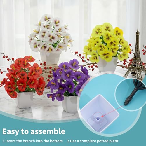LOYWREE 4 Pack Small Artificial Pansy Flowers Fake Plants in White Pots, Mini Potted Floral Spring Decorations for Home Bathroom Shelves Office Desk Table Centerpiece Indoor Decor - color: Pansy-white Pot, size: White Pot