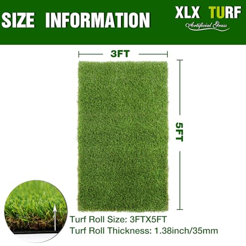 XLX TURF Realistic Artificial Grass Outdoor Rug 3FTX5FT, 1.38" High Pile Thick Fake Grass Turf Mat for Dogs Pet Friendly with Drainage Hole - size: 3' x 5'