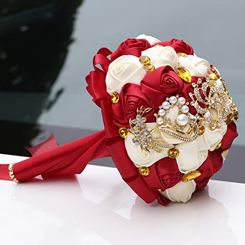 Handmade Wedding Bouquets for Bride Bridesmaid Brooch Artificial Holding Flower Tossing Bouquet（Ivory/WineRed,24cm,1PC - color: Ivory/Winered, size: 24CM/9.4''