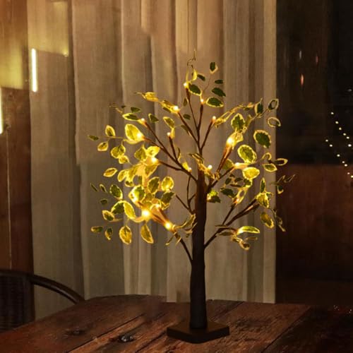 Green Leaf Birch Tree with LED Lights, 24 LED Warm Light Up Christmas Tree LED Fairy Spirit Tree Lamp with 3 AA Battery & USB Plug Light Up Table Top Artificial Tree for Wedding Home Christmas Décor - style: Green Leaf Birch Tree Black