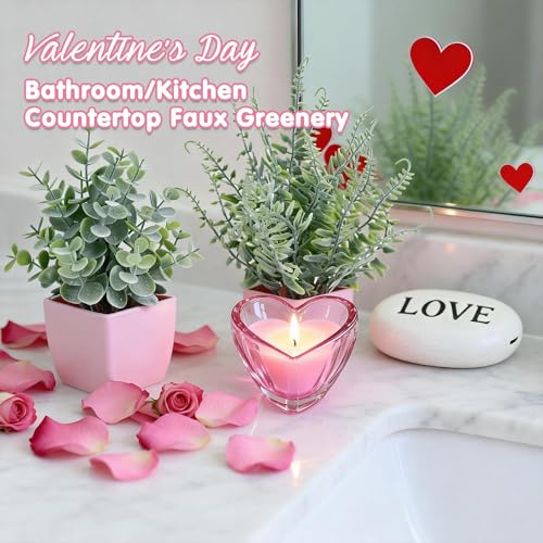 summer flower 2 Pack Small Fake Plants in Pink Pot Artificial Plant Eucalyptus Faux Potted Greenery Wheal Grass for Home Decor Indoor Bathroom Office Desk Shelf Bedroom Kitchen Cabinet Decorations - color: Pink-2