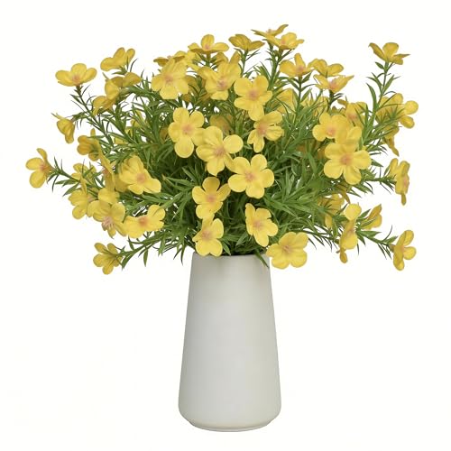 Artificial Yellow Gypsophila Baby's Breath Flowers in Ceramic Vase, 6 Inch White Vase with Faux Cosmos Arrangement, Farmhouse Table Centerpiece for Home Office Shelf Desk Decor - color: Yellow