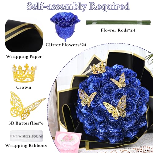 Waipfaru Blue Glitter Roses Bouquet, DIY Flowers Bouquet, Birthday Gifts for Women Mom Grandma Wife Girlfriend, 24 Pcs Fake Rose for Valentines, Mothers Day, Anniversary, Graduation Gifts - color: Blue, size: 24pcs