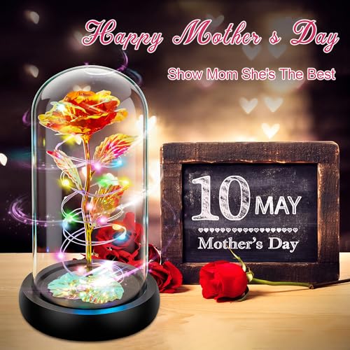 Childom Mothers Day Flowers Gifts for Mom from Daughter Son,Birthday Gifts for Women Mom Grandma Wife,Flowers for Delivery Prime,Rotating Red Light Up Rose in A Glass Dome,Anniversary Valentines Gifts - color: Rotating Red Colorful Large