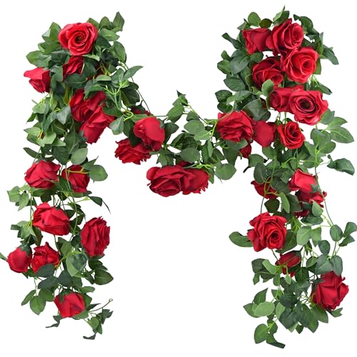 FiveSeasonStuff 29 Ft 4 Pack Rose Silk Flower Garland Artificial Flowers Decoration Hanging Floral Décor for Wedding Baby Shower Birthday Party Garden (Venetian Red) - color: Venetian Red