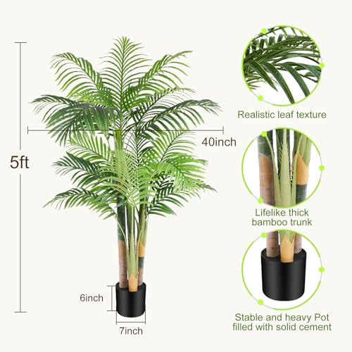 5ft Tall Triple Golden Cane Palm Artificial Tree Large Tropical Palm Tree UV Resistant Fake Plant in Pot for Indoor Outdoor Big House Living Room Outside Patio Office Home Decor 1Pack - size: 5ft