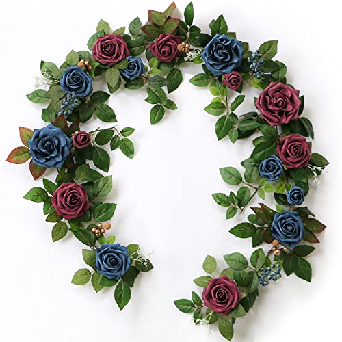 PONATIA 5FT Handcrafted Artificial Rose Flower Garland, Burgundy Flower Garland for Wedding Ceremony Garlands Backdrop Arch Flowers, Ceremony Reception Table Decorations (Burgundy & Navy) - color: Burgundy Navy